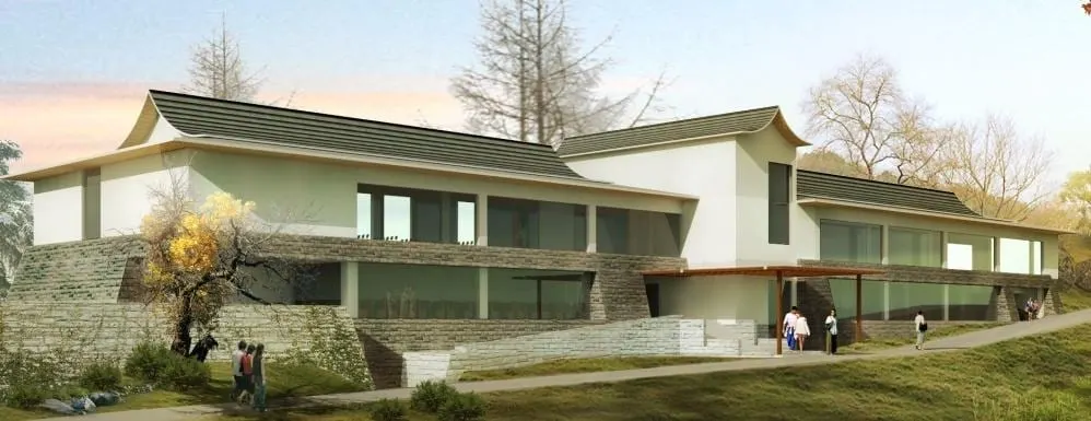 Elevation of the holiday resort against the hills.