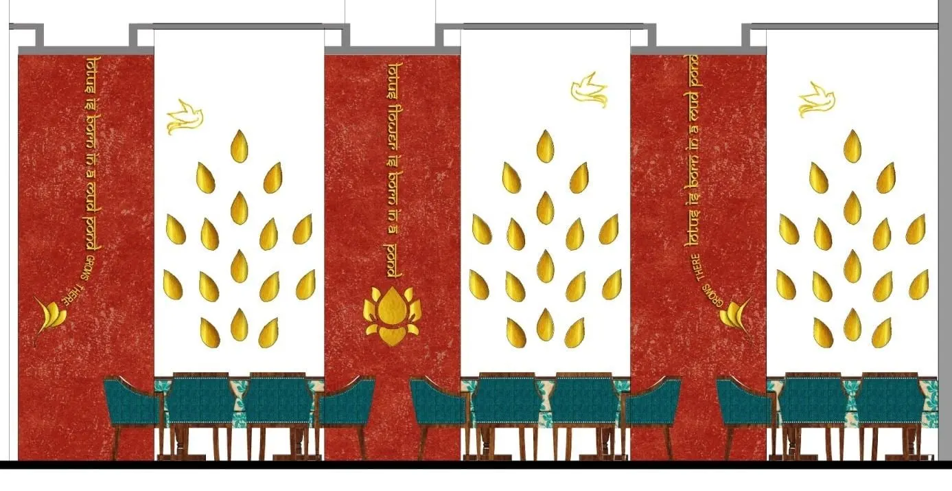 Backlit gold laser-cut ceiling panels and Sanskrit verses on red.