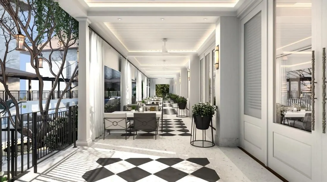 Landscaped pool concept stepping with the terrain.