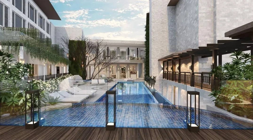 Evening view of the pool concept.