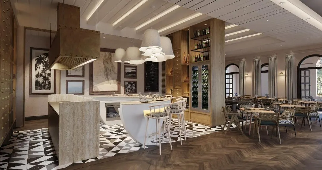 Restaurant concept with layered timber ceiling and sea views.