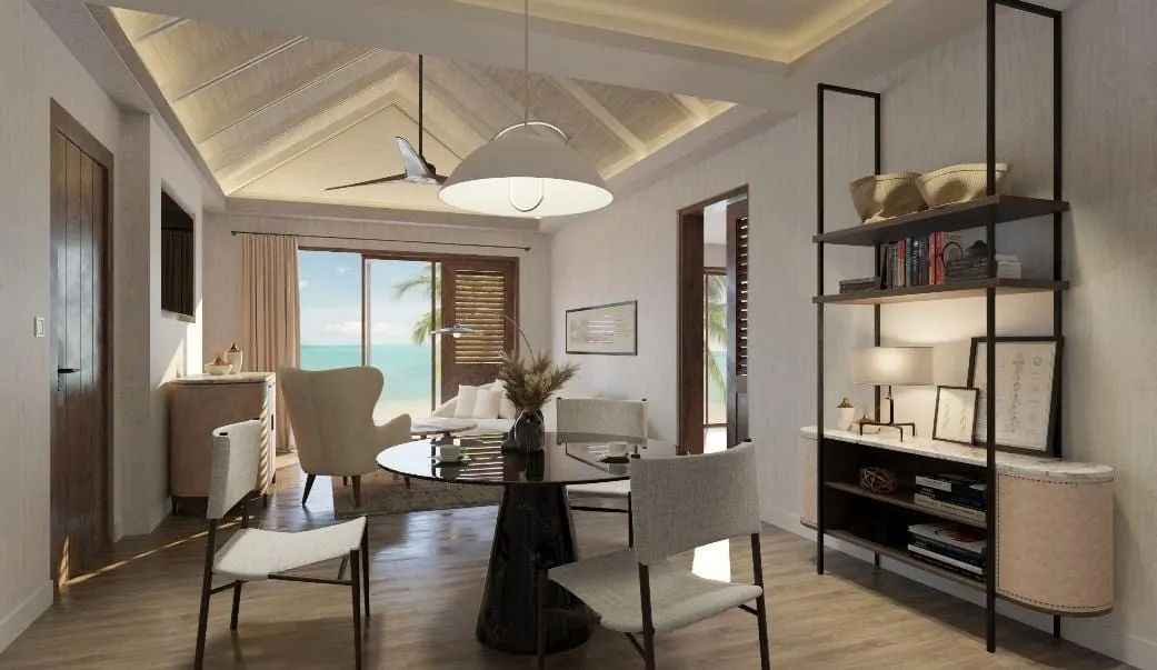 Villa concept detailing the guest bathroom and threshold to the garden.