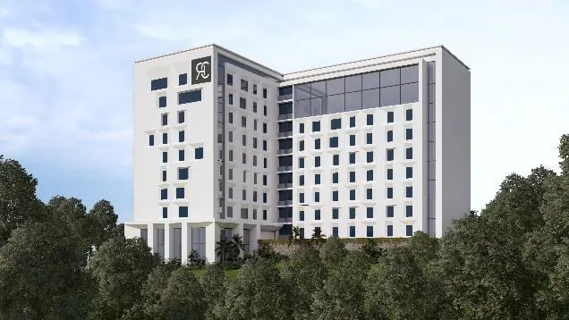 Landscaped approach to the flagship hotel.